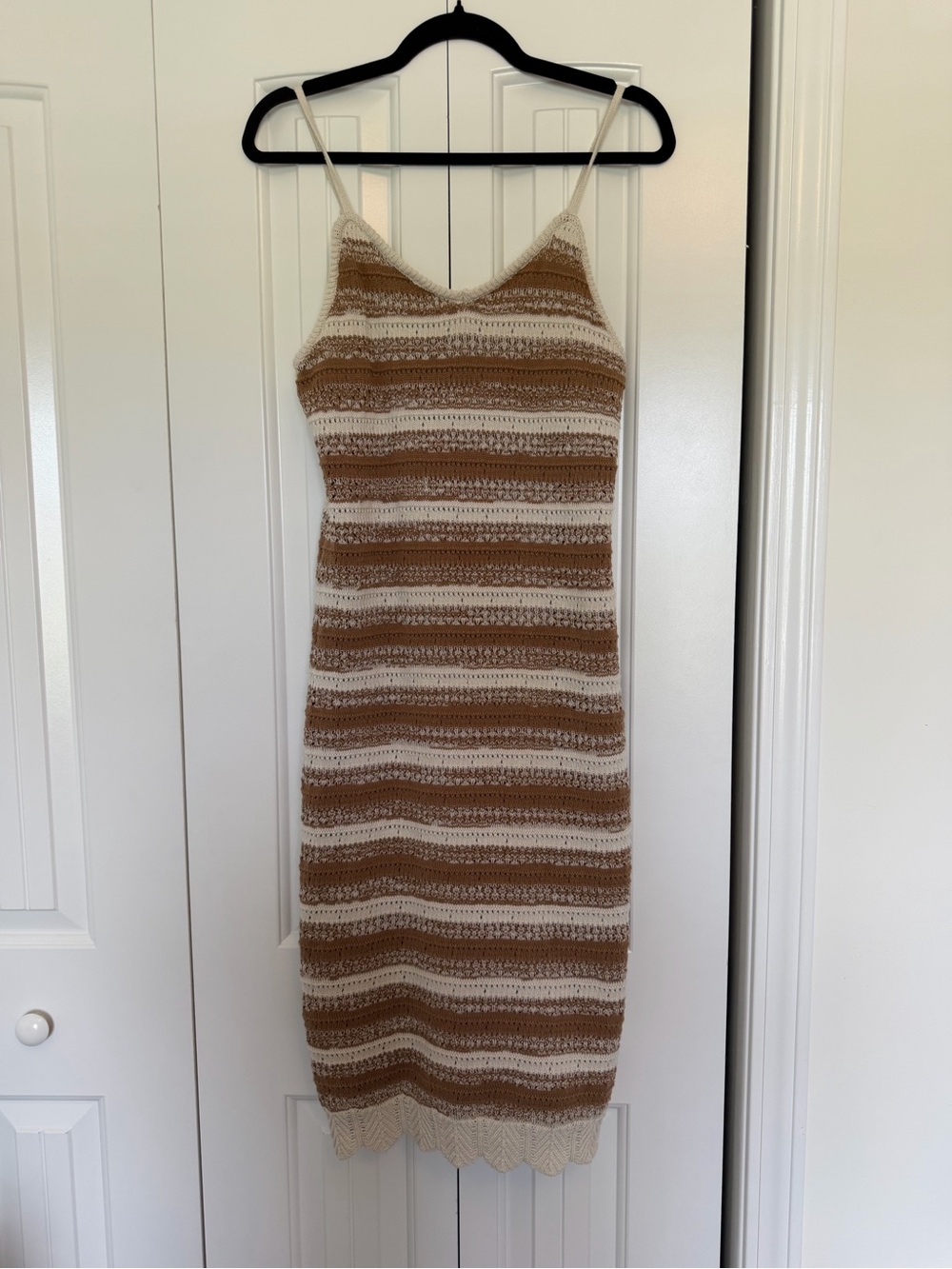 Striped Knit Midi Dress with Spaghetti Straps in Cream and Brown